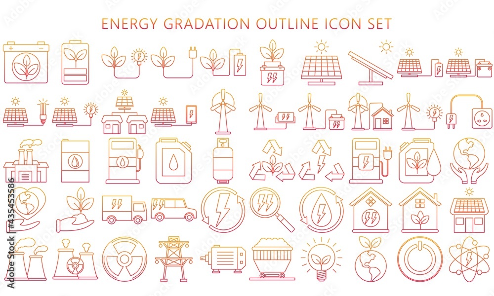energy icons with a thin graded line, including battery, solar, green ecology, renewable and sustainable. Used for modern concepts, web, and applications. eps 10 ready to convert to svg