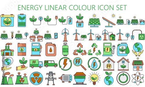 energy icons with multi color flat, including battery, sun, green ecology, renewable and sustainable. Used for modern concepts, web, and applications. eps 10 ready to convert to svg © arga muria