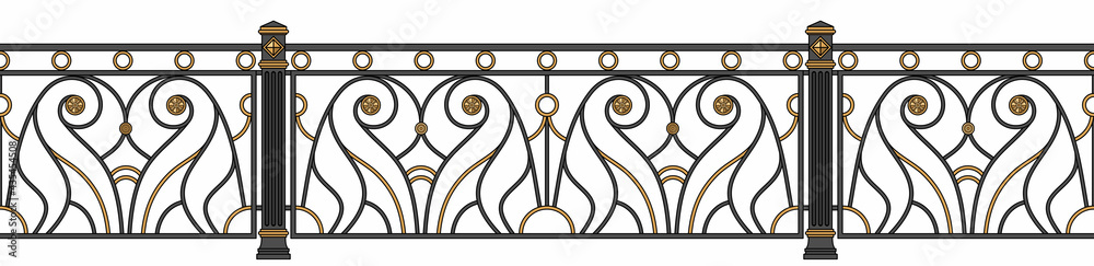 Iron railings for the city. Art Nouveau. Blacksmithing. Gold decor. Balcony. Terrace. Facades. Classic architecture. Template for architectural projects. Iron fence. Isolated. White background. Iron railings for the city. Art Nouveau. Blacksmithing. Gold decor. Balcony. Terrace. Facades. Classic architecture. Template for architectural projects. Iron fence. Isolated. White background.