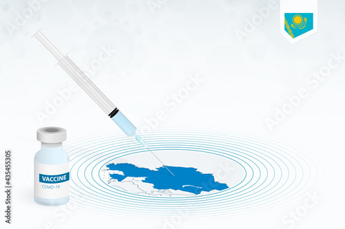 COVID-19 vaccination in Kazakhstan, coronavirus vaccination illustration with vaccine bottle and syringe injection in map of Kazakhstan.