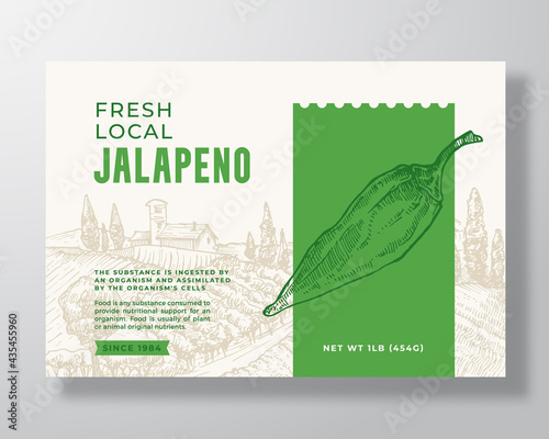 Vegetables Food Label Template. Abstract Vector Packaging Design Layout. Modern Typography Banner with Hand Drawn Jalapeno Pepper and Rural Landscape Background. Isolated