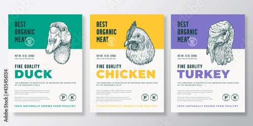Best Organic Meat Vector Packaging Design or Label Templates Set. Farm Grown Poultry Banners. Modern Typography and Hand Drawn Chicken, Duck and Turkey Head Sketch Backgrounds Layout Collection