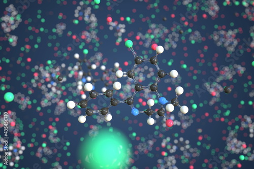 Valium molecule made with balls, conceptual molecular model. Chemical 3d rendering