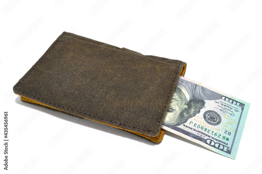 Money in wallet close-up on white background. Dollars, business, finance, economy, banknotes Money in wallet close-up on white background. Dollars, business, finance, economy, banknotes