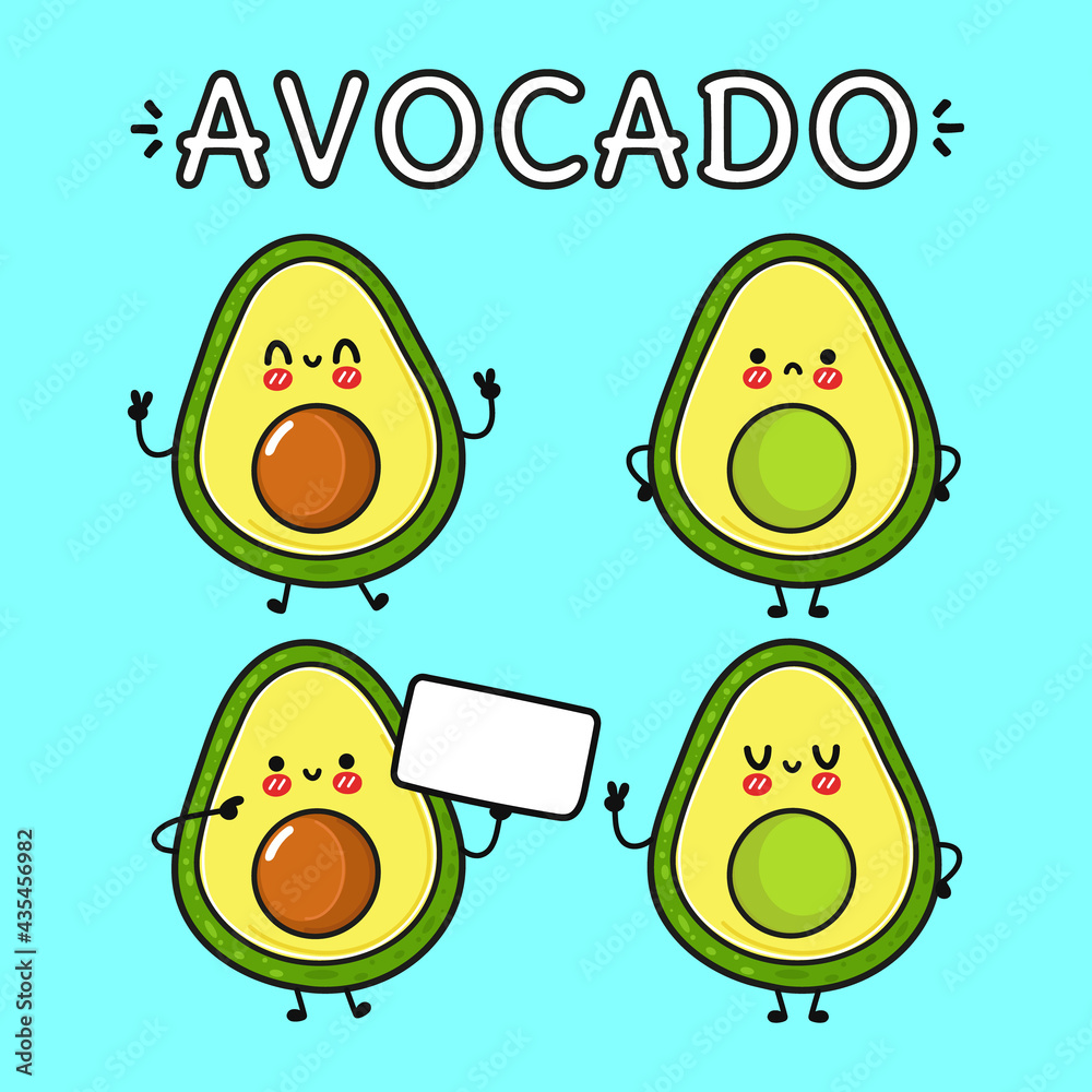 Funny cute happy Avocado characters bundle set. Vector kawaii line cartoon style illustration. Cute Avocado mascot character collection Funny cute happy Avocado characters bundle set. Vector kawaii line cartoon style illustration. Cute Avocado mascot character collection