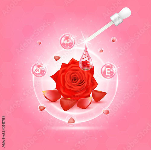 Rose collagen and vitamin serum extracted. Realistic flower natural organic cosmetic. Beauty cosmetic product. 3D Vector EPS10 illustration