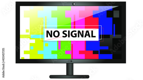 No signal. Broken plasma TV on a white background. Glitch effect, distortion, interference on the liquid crystal display. Blocked channel on satellite TV. Vector stock illustration.