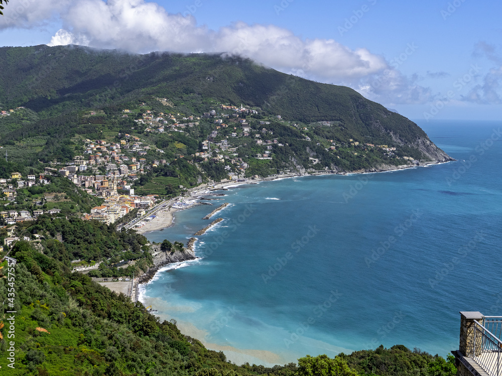Panoramic view of the bay and beach of Moneglia, Genoa, Liguria
