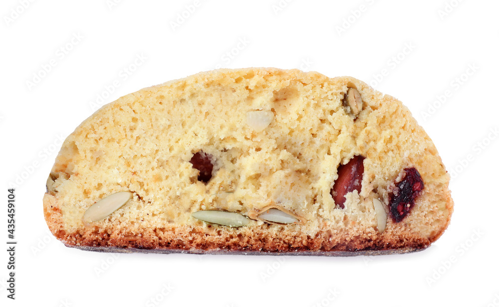 Slice of tasty cantucci with berry and pistachio isolated on white, top view. Traditional Italian almond biscuits Slice of tasty cantucci with berry and pistachio isolated on white, top view. Traditional Italian almond biscuits