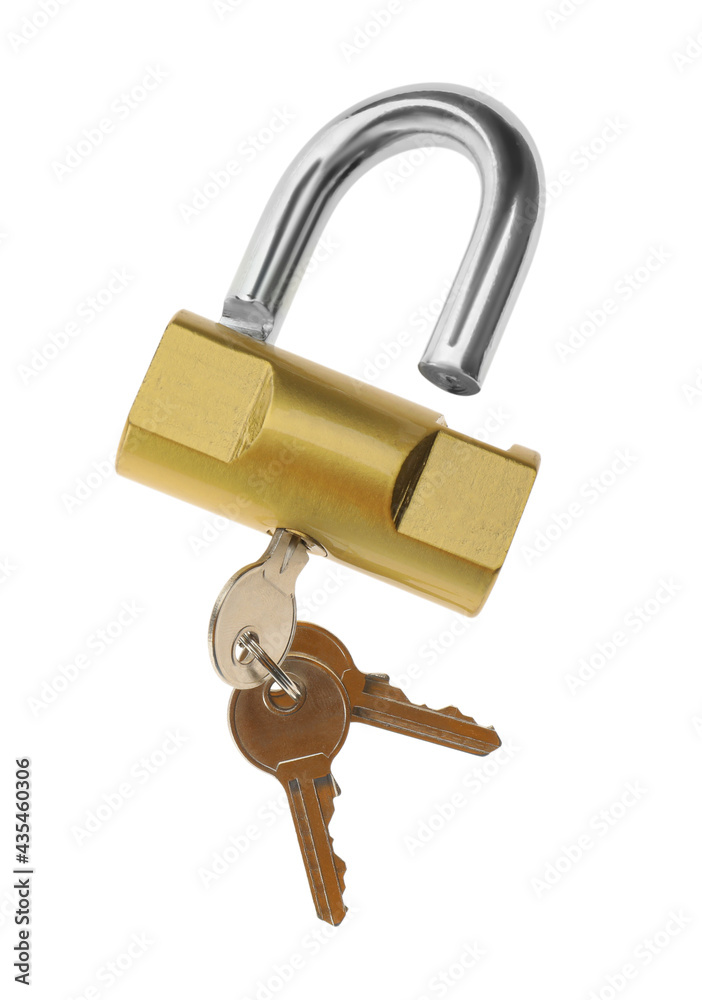 Modern padlock with keys isolated on white Modern padlock with keys isolated on white