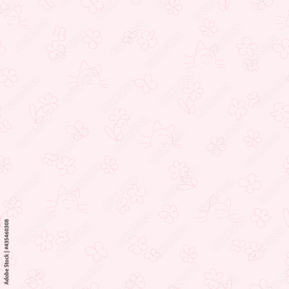 Cute pink childish seamless vector pattern with flowers and cats. Pattern for children's textiles and clothing. Vector pattern for newborns.