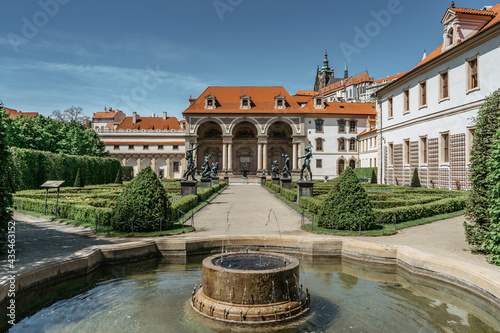 Wallenstein, Valdstejn, Garden built in Baroque style with beautiful fountain.Seat of the Senate of the Parliament,Prague,Czech Republic.Romantic spring walk with view of Prague Castle.Urban scenery