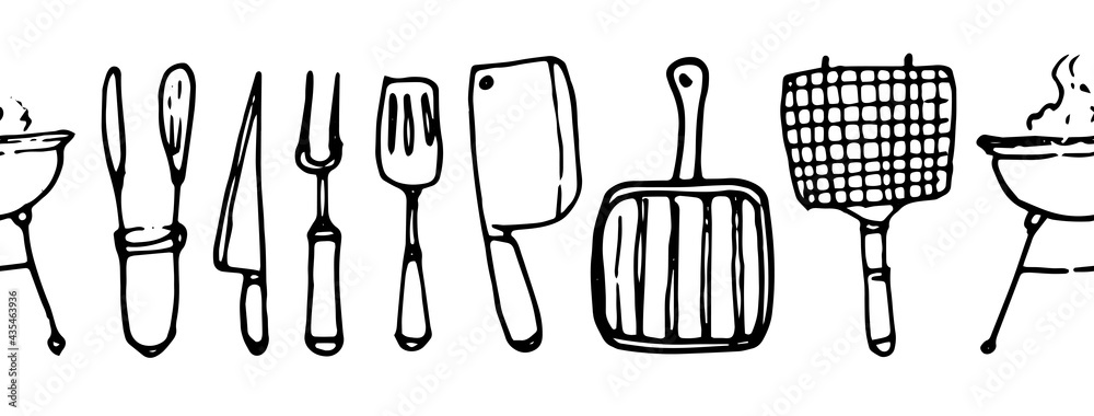 Vector seamless pattern of grill tools. Seamless horizontal stripe pattern of knives and forks, grill pans and grates and barbecue grill for summer picnics, in doodle style with black line on white ba
