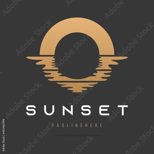 Abstract circle sun and sea logo,sunset icon,sunshine sign, hotel beach and spa brand symbol.Design template premium quality product,travel tour agency.Vector illustration.