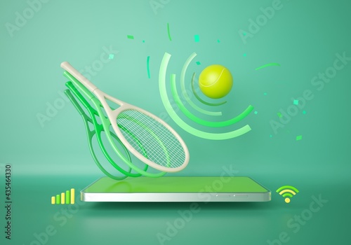 tennis with a smartphone. sport application online game. tennis training program. sport concept design. green background copy space. the online shopping store mobile connection. 3d illustrator