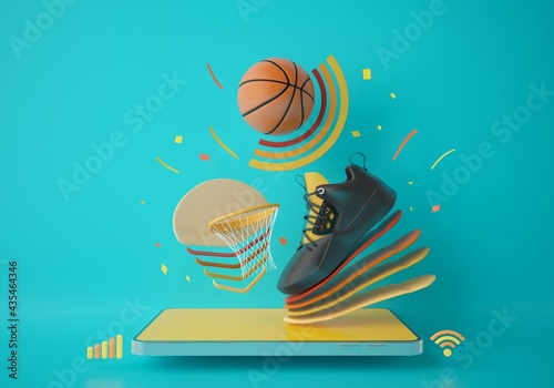 Fototapeta Naklejka Na Ścianę i Meble -  basketball with a smartphone. sport application online game. basketball training program. sport concept design. green background copy space. the online shopping store mobile connection. 3d illustrator