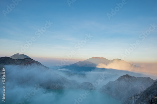 Morning atmosphere  Mount Kawah Ijen in Indonesia Beautiful fog