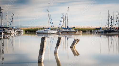 Marina with sailing boats at of City of Rust on lake Neusiedl  in Burgenland on a calm morning © Ewald Fröch