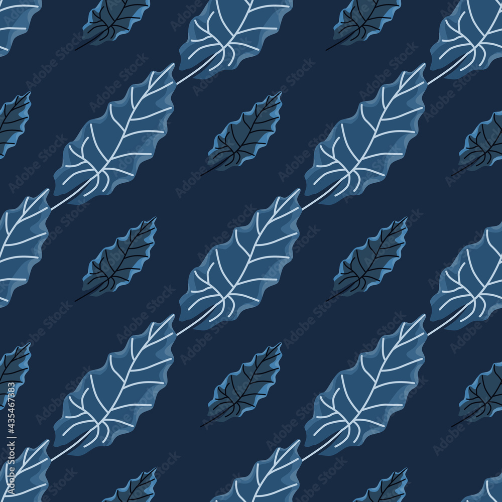 Fototapeta premium Herbal nature seamless pattern with doodle leaf silhouettes ornament. Navy blue background.