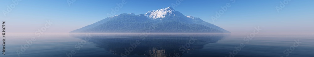 Snow mountain in the ocean, a peak in the snow, an island in the sea, 3D rendering