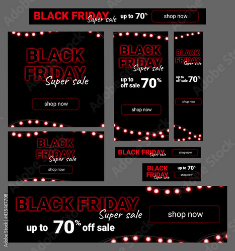 Black friday Super sale. Up to 70% off sale. Pattern with a garland.  Set of web banners. Web poster. Vector illustration