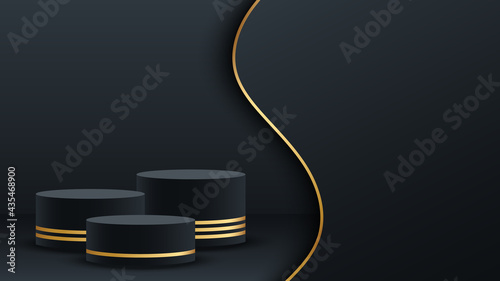 Round podium, pedestal or platform. 3d cylinder exhibit displays set. Background for product presentation. Black and gold. Vector illustration.