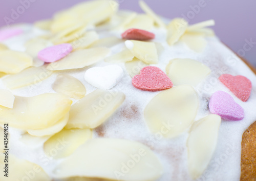 Small sweet sugar hearts decoration on the biscuit holidays Easter bakery.