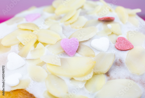 Small sweet sugar hearts decoration on the biscuit holidays Easter bakery.