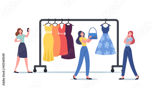 Woman Chat with Wardrobe Consultant Online via Smartphone. Female Character Choose Dress in Store with Fashion Stylist