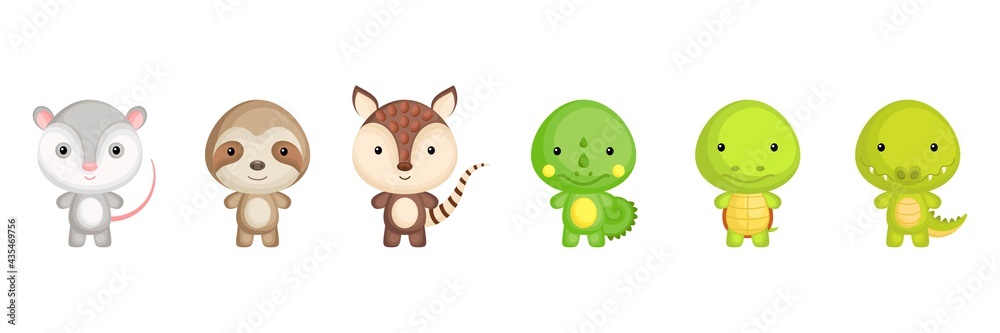 Fototapeta premium Collection of exotic little animals in cartoon style. Cute animals characters for kids cards, baby shower, birthday invitation, house interior. Bright colored childish vector illustration.
