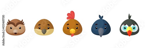 Cute birds heads set. Collection funny animals characters for kids cards, baby shower, birthday invitation, house interior. Bright colored childish vector illustration.