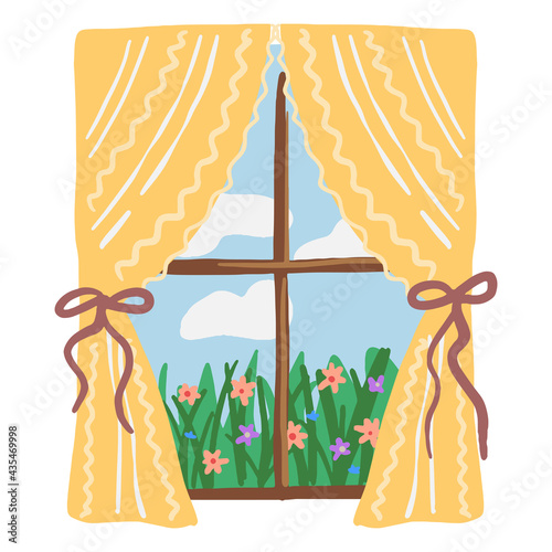 Cozy window in cottagecore aesthetic. Window overlooking flowering plants. Village home. Hand drawn vector illustration. Isolated cartoon drawing. Clipart for decor, sticker, design, print, postcard.