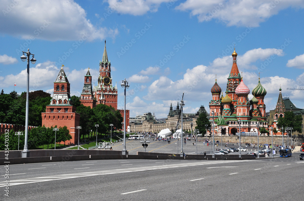 Panoramic view of the Moscow Kremlin and St. Basil's Cathedral. Moscow, Russia, May 22, 2021. Spring sunny day. Panoramic view of the Moscow Kremlin and St. Basil's Cathedral. Moscow, Russia, May 22, 2021. Spring sunny day.