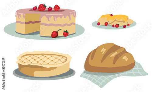 Homemade cakes set. Cake, pie, pancakes, bread. Vector illustrations of cottagecore aesthetic. Simple drawings isolated on white. Cliparts for decor, stickers, design, card, print. Collection of food