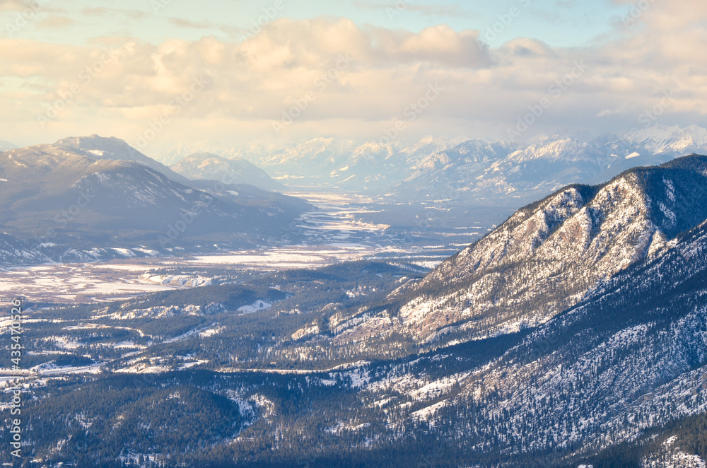 Winter mountain top view of the Columbia Valley