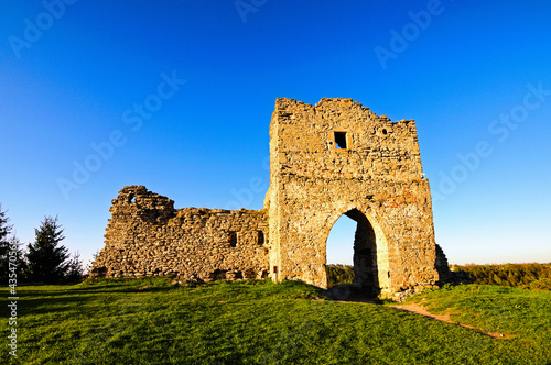 Wide-angle landscape view of ruins of an ancient Krements castle. Part of the defensive wall and castle tower against blue sky. Top of the old pine tree in the background. Kremenets, Ukraine