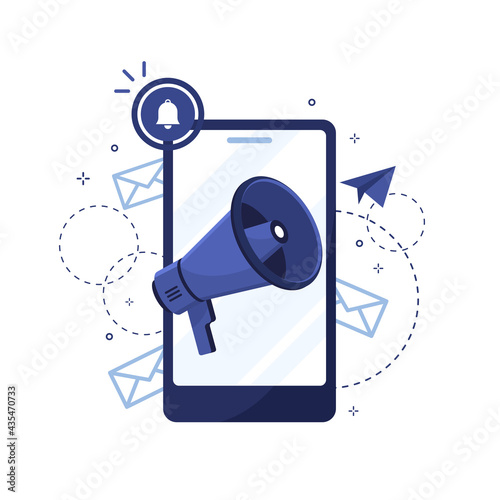 Digital social marketing. Marketing strategy concept. Phone with megaphone. Broadcast on social networks. Media advertising and online podcasts isometric illustration. Flat design. Blue