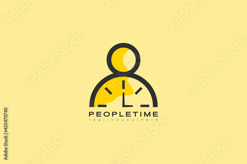 People Time Logo. Abstract People Logo. Black Geometric Shape Simple Human Icon Cutout Style With clock or Timer isolated on Brown Background. Flat Vector Logo Design Template Element.