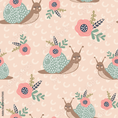 Seamless vector pattern with cute snail flowers and bouquets. Creative animal texture. Great for baby fabrics, textiles and designs