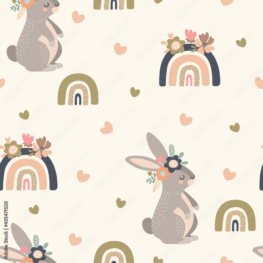 Seamless vector pattern with cute gray rabbits and rainbows. Creative animal texture. Great for baby fabrics, textiles and designs Seamless vector pattern with cute gray rabbits and rainbows. Creative animal texture. Great for baby fabrics, textiles and designs