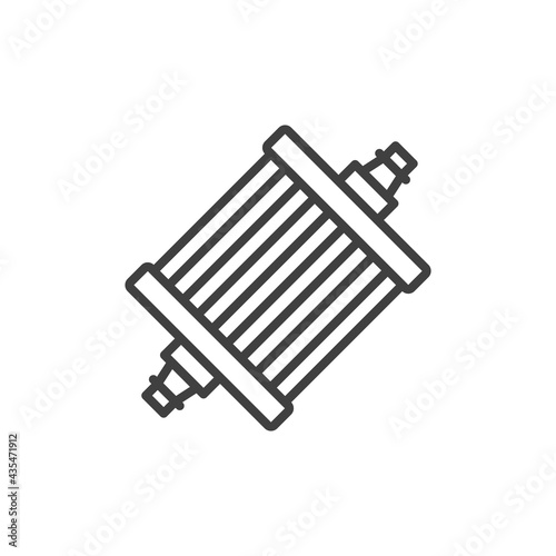 Gasoline filter icon. A simple linear image of a fuel filter. Fuel inlet on one side, outlet on the other. Isolated vector on pure white background.