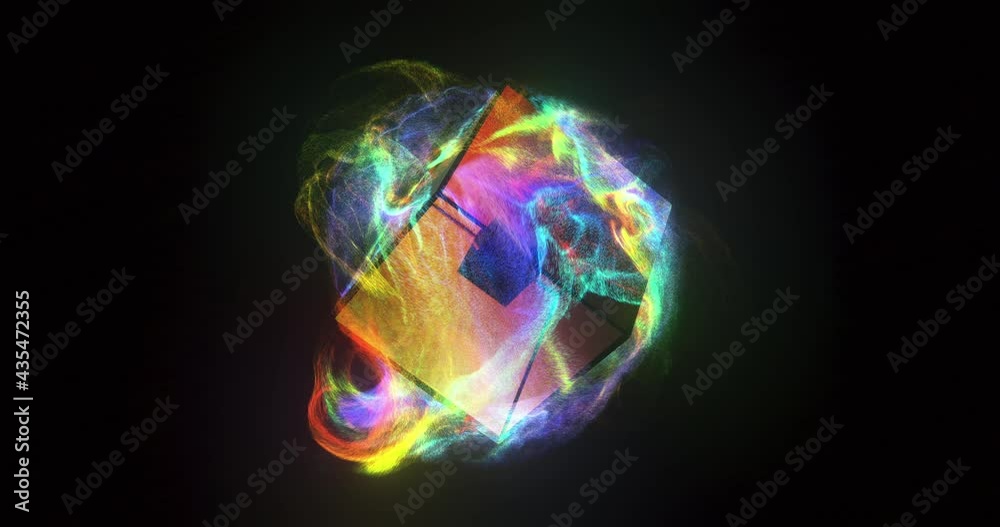 Abstract glass cube and colorful iridescent particle flow. rotation of a cube and fluid dynamic. reflection and refraction. 4K loop