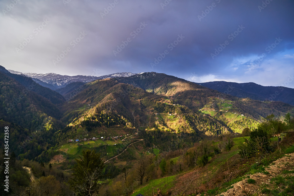 Amazing green majestic mountains landscape with foggy mystic sky Amazing green majestic mountains landscape with foggy mystic sky