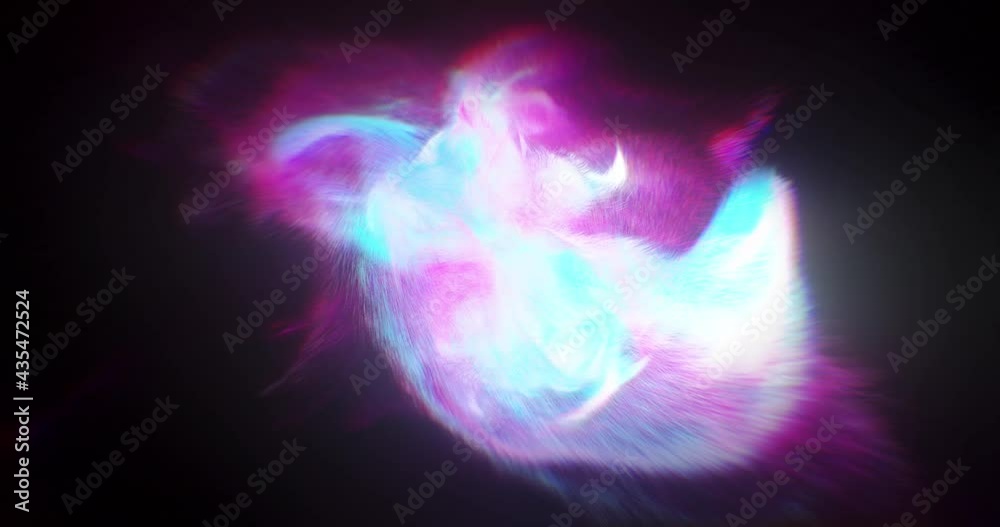 Abstract colorful particle plasma with explosive motion on a black background. Iridescent shapes flowing from center. 4K loop
