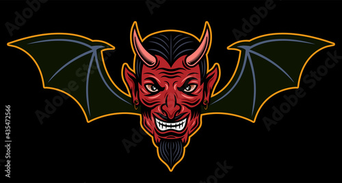 Devil head with bat wings vector illustration in colored cartoon style isolated on dark background
