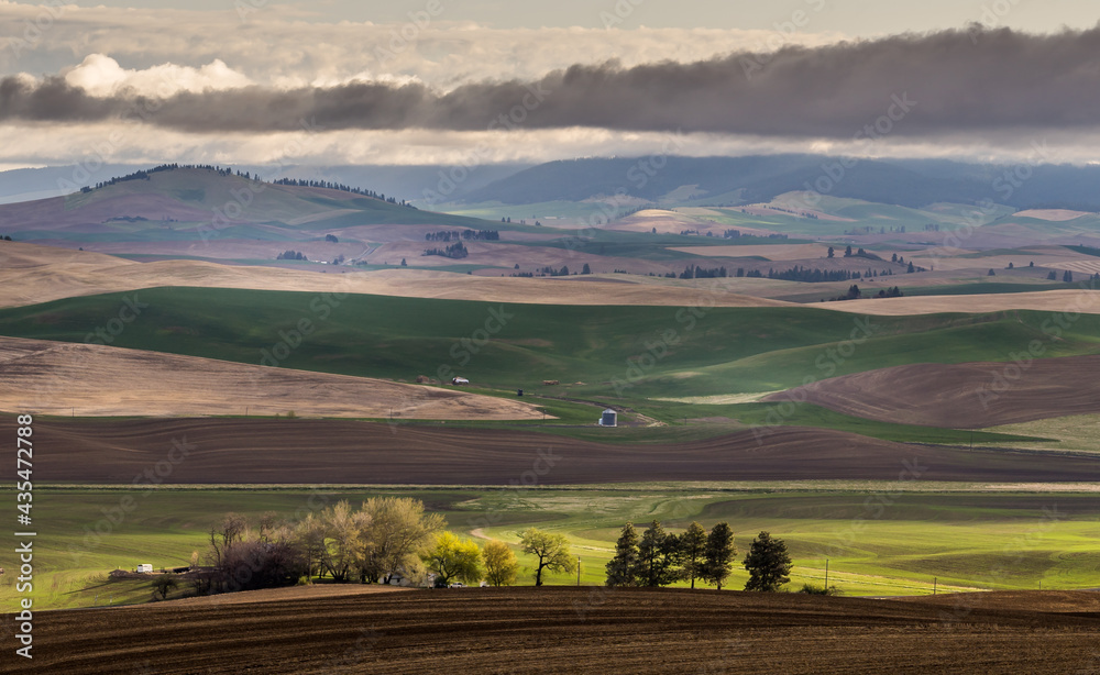 Panoramic view of mountains, farmland and rolling hill in Kamiak Butte County Park, Washington