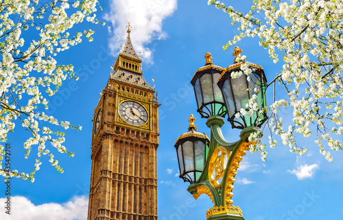 Big Ben tower and Westminster street lamp in spring, London, UK