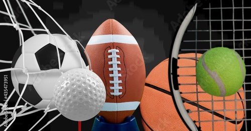 Composition of multiple sport equipment and balls on black background