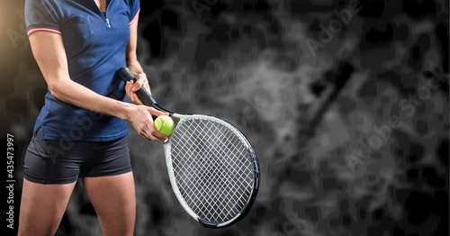 Composition of athletic female tennis player over black and white blur © vectorfusionart