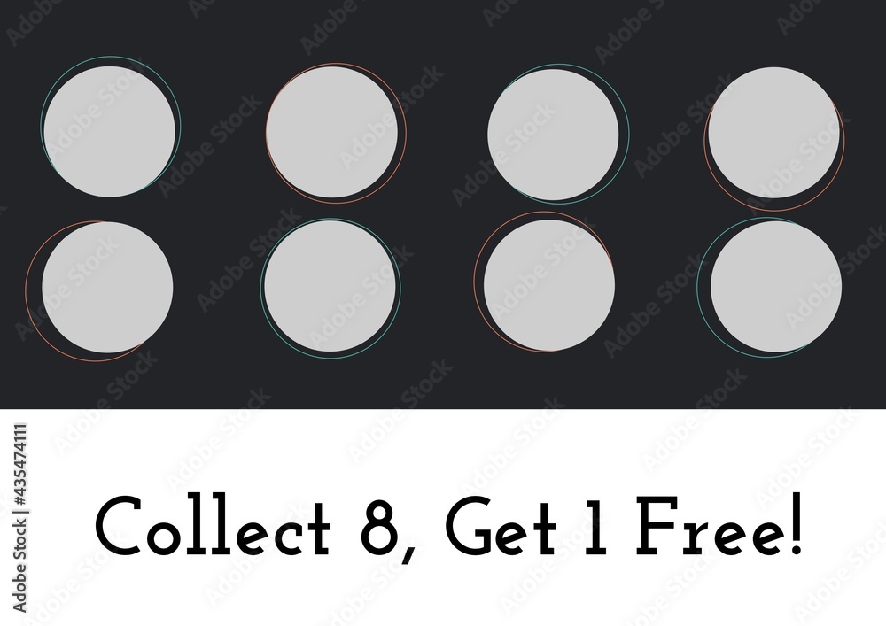 Composition of collect 8 get 1 free text with eight dots for loyalty stamps on black Composition of collect 8 get 1 free text with eight dots for loyalty stamps on black